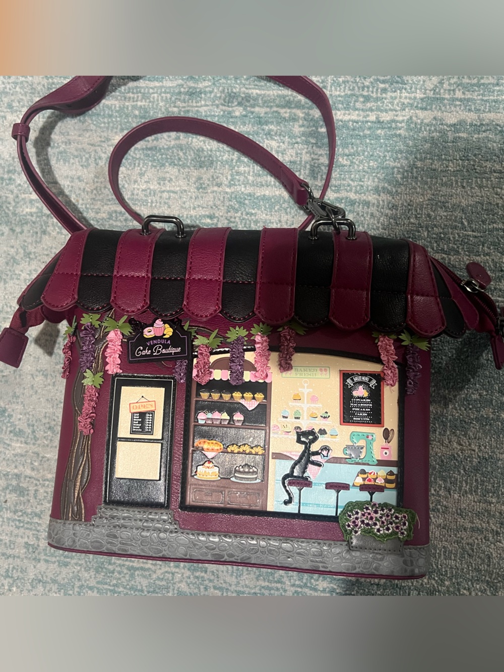 RARE Vendula London Purple Cat Bakery-Scene Cross-Body Satchel Bag